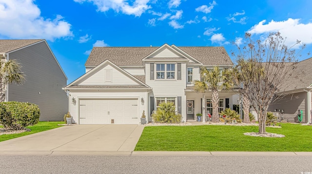 view of front of house with a garage, a front yard, concrete driveway, and roof with shingles