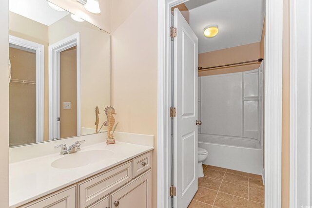 full bath featuring toilet, shower / bathtub combination, tile patterned flooring, and vanity