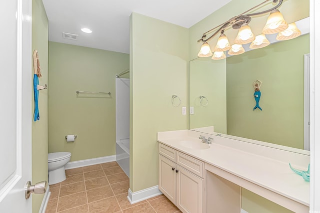 full bath featuring tile patterned flooring, toilet, vanity, visible vents, and baseboards