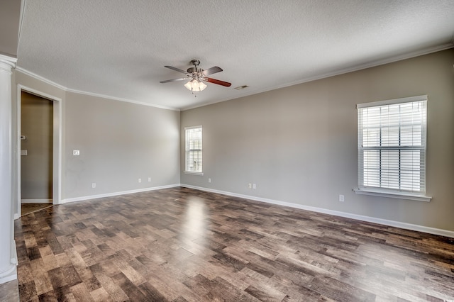 empty room featuring crown molding, baseboards, wood finished floors, a textured ceiling, and a ceiling fan