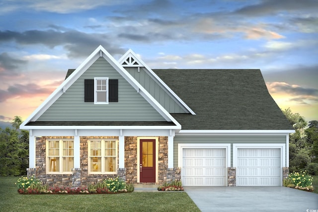 view of front facade with driveway, board and batten siding, an attached garage, and roof with shingles