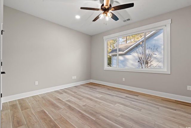 unfurnished room featuring visible vents, baseboards, a ceiling fan, light wood-type flooring, and recessed lighting