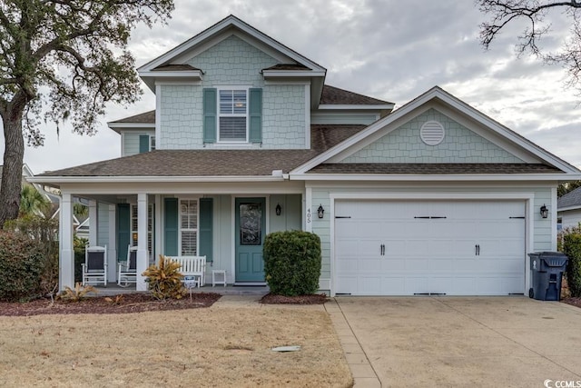 view of front of home featuring driveway, a shingled roof, a garage, and a porch