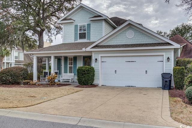 view of front facade featuring driveway, a shingled roof, a garage, and a porch