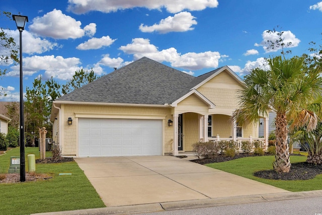 ranch-style home with a porch, an attached garage, a shingled roof, concrete driveway, and a front lawn