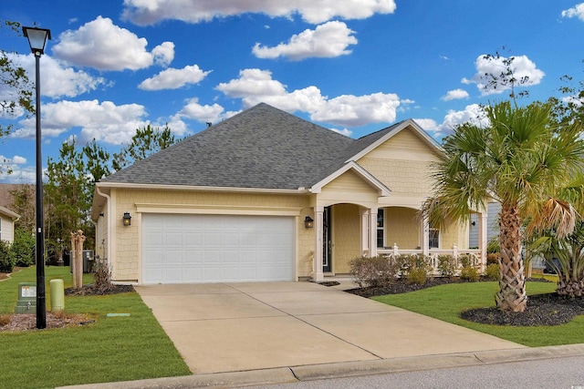 single story home featuring an attached garage, concrete driveway, a front yard, roof with shingles, and a porch