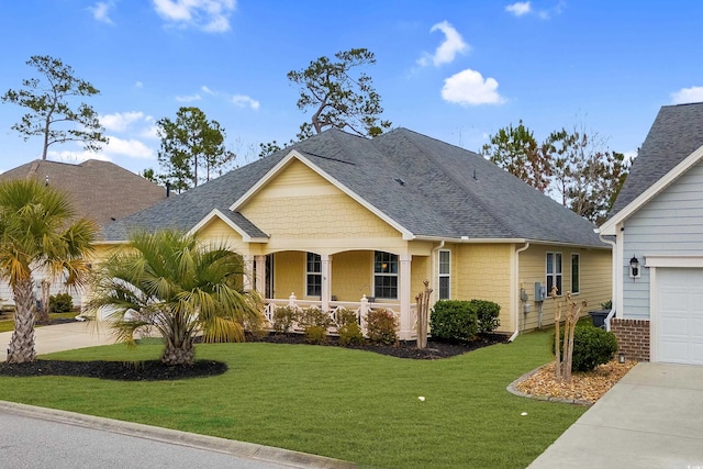 view of front of home with roof with shingles, covered porch, concrete driveway, a garage, and a front lawn