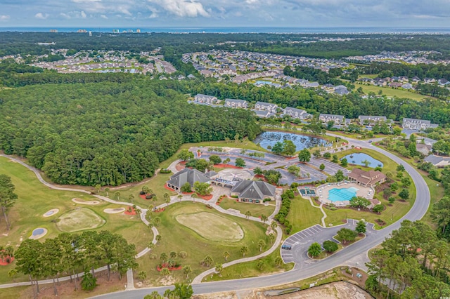 aerial view featuring a water view and golf course view