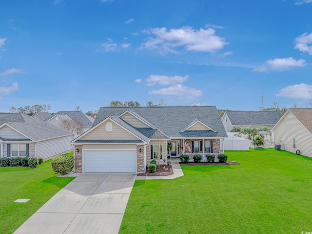 view of front of home featuring fence, a porch, a front yard, a garage, and driveway