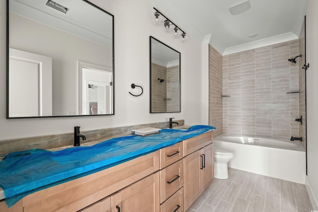 full bathroom with toilet, a sink,  shower combination, wood tiled floor, and double vanity