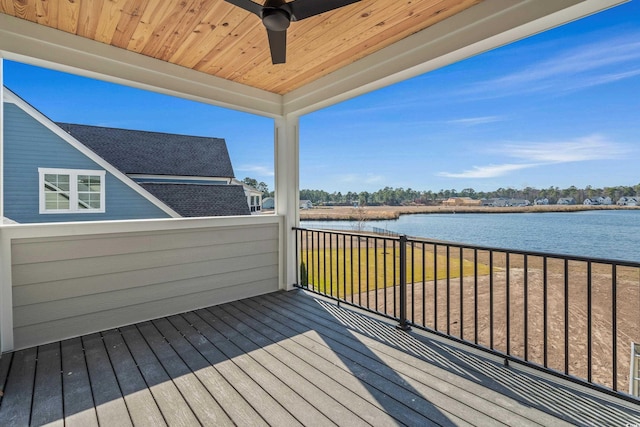 wooden terrace with ceiling fan and a water view