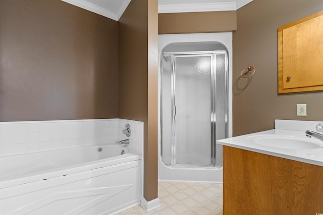 full bath with vanity, a shower stall, a bath, tile patterned floors, and crown molding