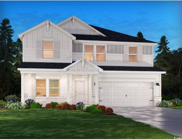 view of front of property with brick siding, a garage, concrete driveway, and a front lawn