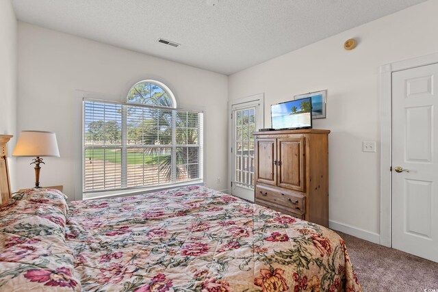 bedroom featuring visible vents, multiple windows, a textured ceiling, and carpet floors