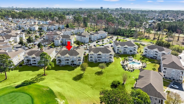 aerial view featuring view of golf course