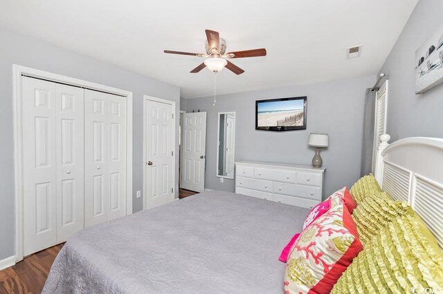 bedroom with a ceiling fan, visible vents, dark wood finished floors, and multiple closets