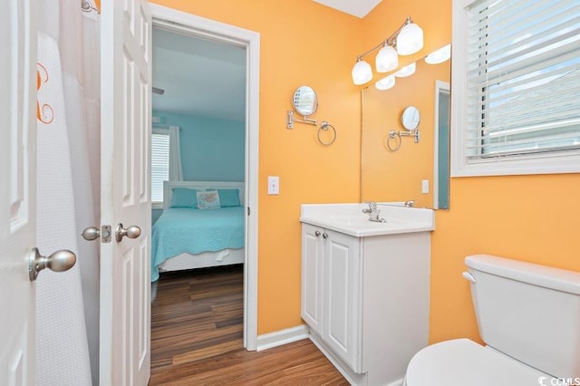 bathroom with a healthy amount of sunlight, vanity, toilet, and wood finished floors