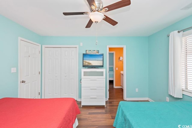 bedroom featuring dark wood-type flooring, multiple windows, a closet, and baseboards