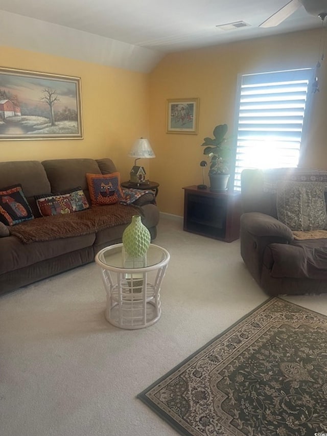 1575 Berkshire Ave, Myrtle Beach, SC 29577 - living room featuring carpet, vaulted ceiling, and ceiling fan