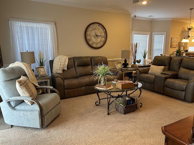 living area featuring ornamental molding, carpet flooring, and recessed lighting