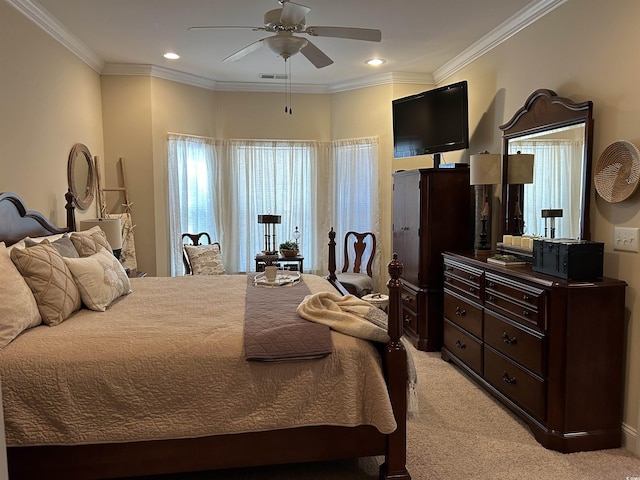 bedroom featuring light carpet, visible vents, ornamental molding, and recessed lighting