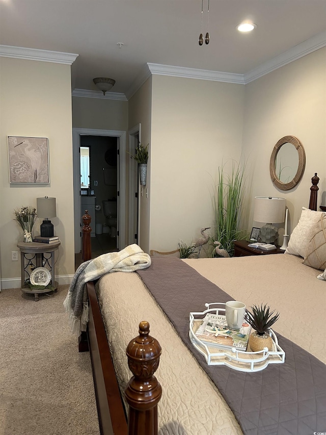 carpeted bedroom with baseboards, crown molding, and recessed lighting