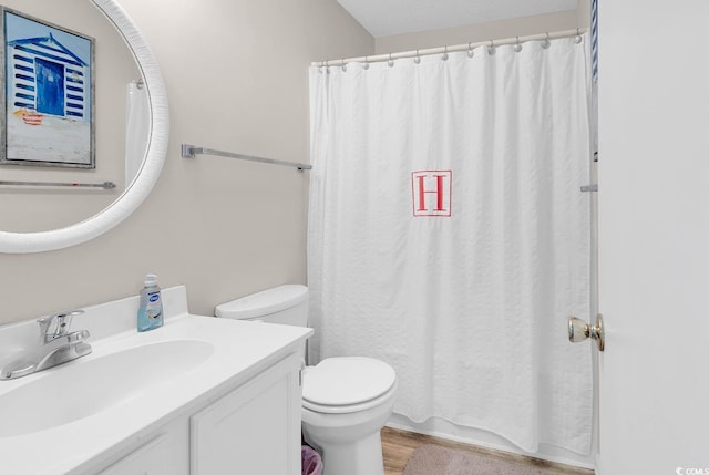 full bathroom featuring toilet, vanity, a shower with curtain, and wood finished floors