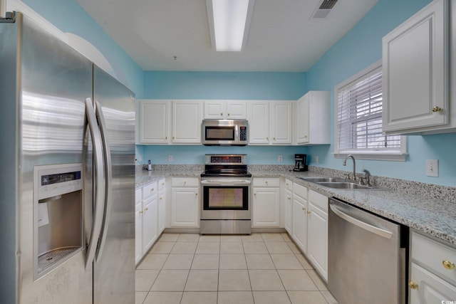 kitchen with stainless steel appliances, a sink, visible vents, and white cabinets