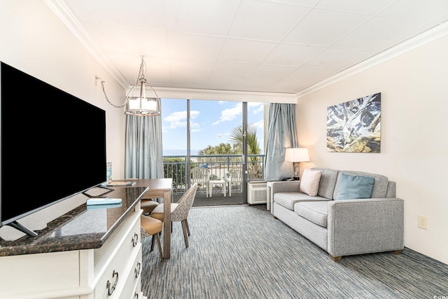 interior space featuring expansive windows, carpet flooring, and crown molding