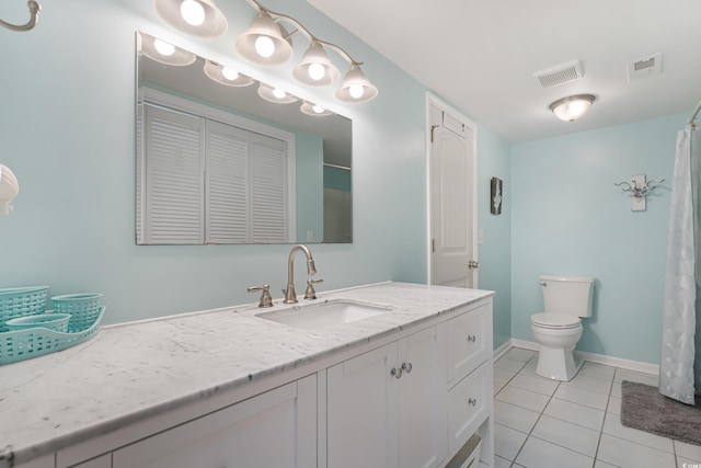 bathroom featuring toilet, visible vents, tile patterned flooring, and vanity