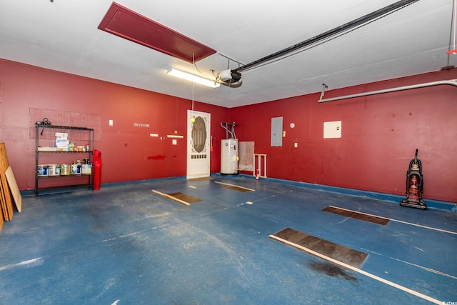 garage featuring a garage door opener, electric panel, and water heater