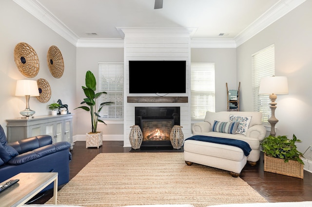 living area with dark wood-type flooring, a large fireplace, crown molding, and baseboards