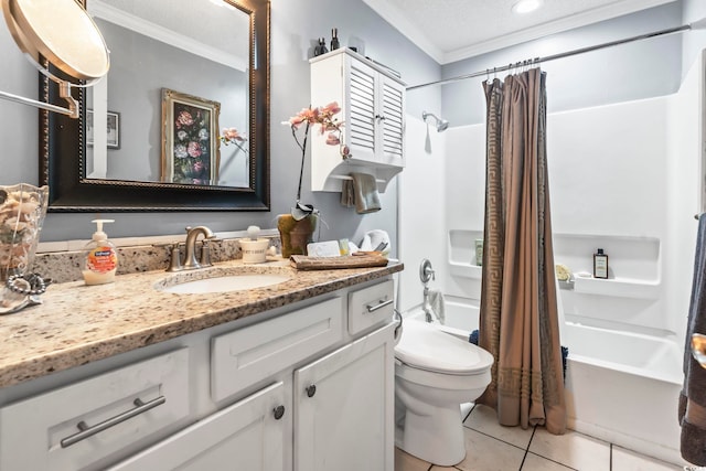 full bath with toilet, shower / bath combo, ornamental molding, tile patterned flooring, and vanity