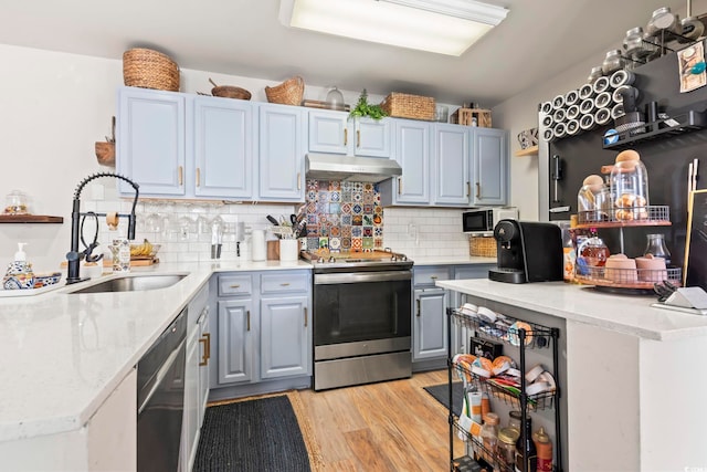 kitchen with gray cabinets, appliances with stainless steel finishes, a sink, light wood-type flooring, and under cabinet range hood