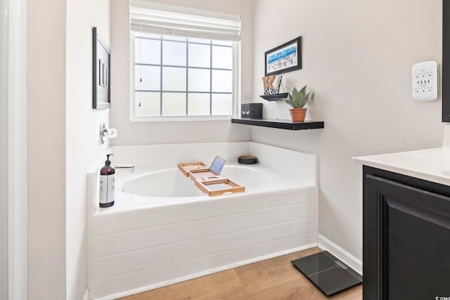 bathroom featuring wood finished floors, vanity, and a bath