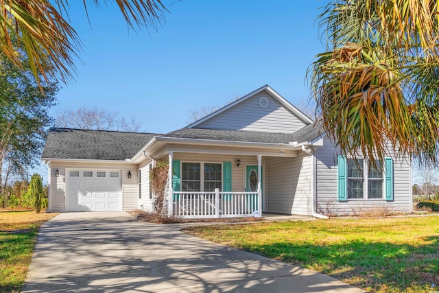 view of front facade featuring a garage, driveway, a shingled roof, a porch, and a front yard