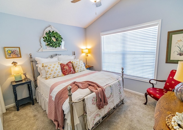 bedroom with light carpet, multiple windows, lofted ceiling, and baseboards