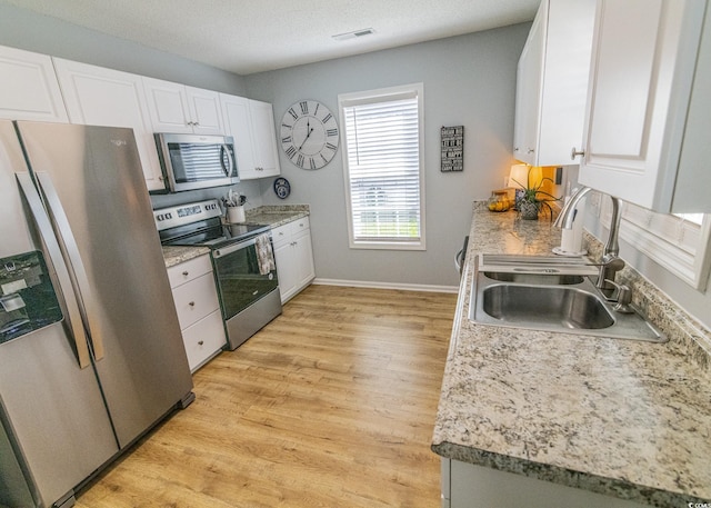 kitchen featuring white cabinets, visible vents, stainless steel appliances, and a sink