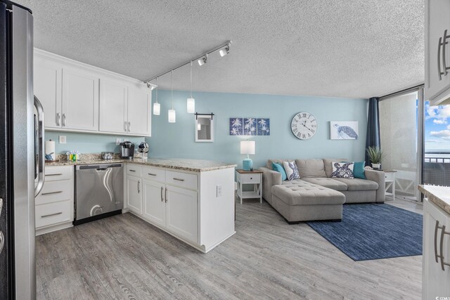 kitchen with light wood finished floors, white cabinets, open floor plan, a peninsula, and stainless steel appliances