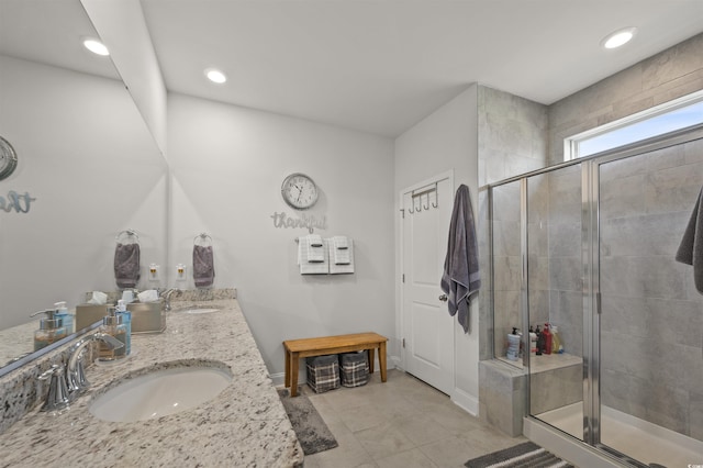 1201 Ficus Dr, Myrtle Beach, SC 29579 - bathroom featuring a stall shower, double vanity, recessed lighting, and tile patterned flooring