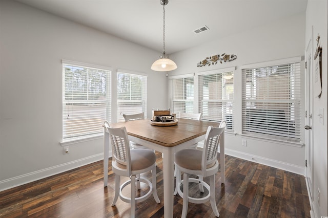 dining room featuring visible vents, baseboards, and dark wood-type flooring