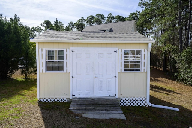 view of shed with entry steps