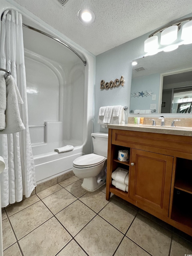 full bath with tile patterned flooring, toilet, visible vents, and a textured ceiling