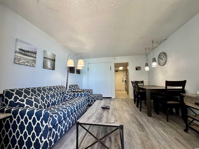 living area with wood finished floors and a textured ceiling