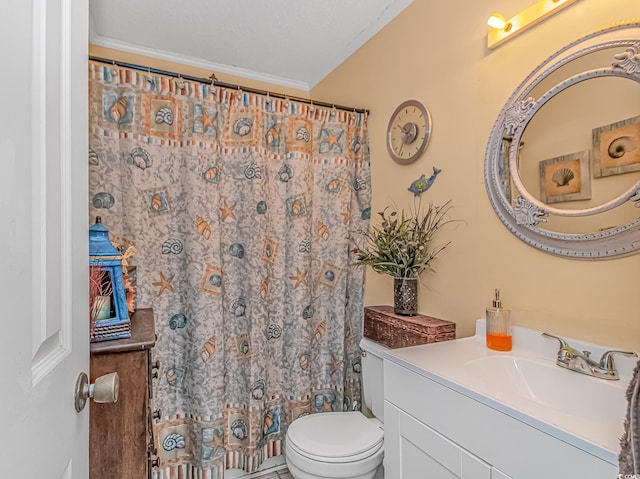 full bathroom with ornamental molding, curtained shower, vanity, and toilet