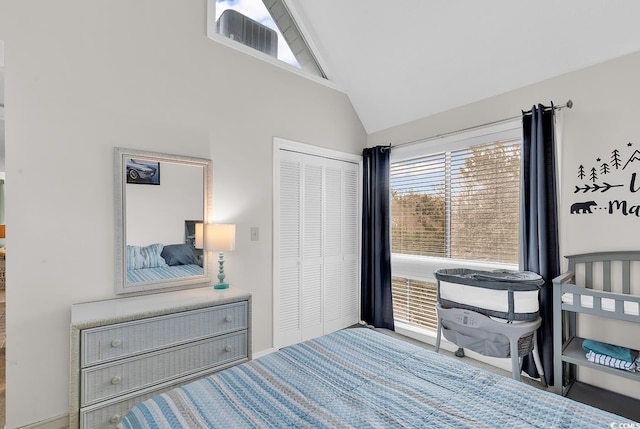 bedroom with vaulted ceiling and a closet