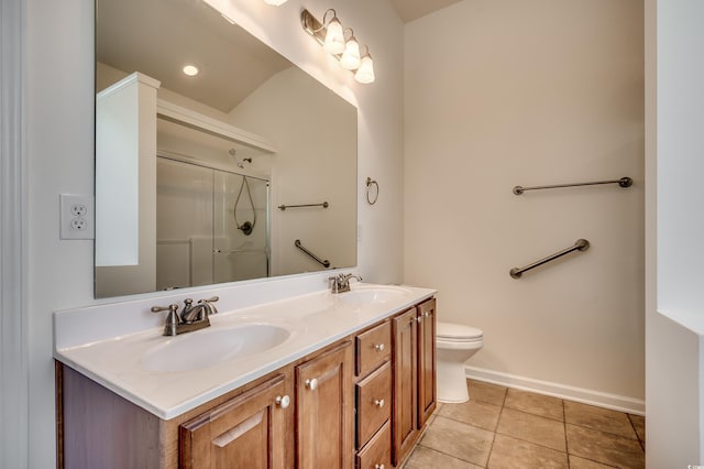 full bath featuring toilet, tile patterned flooring, a sink, and a shower with shower door