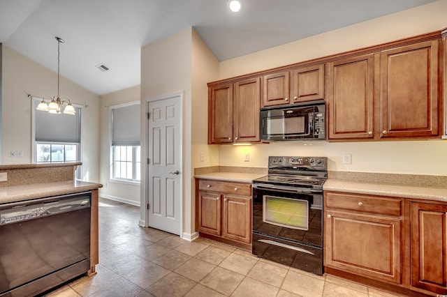 kitchen featuring lofted ceiling, black appliances, visible vents, and brown cabinetry