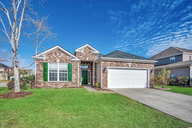 view of front of home with an attached garage, brick siding, a shingled roof, driveway, and a front lawn