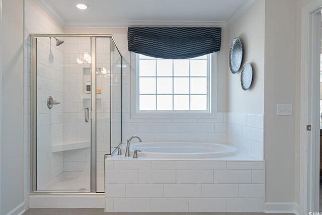 4035 Bucolic Loop, Myrtle Beach, SC 29588 - bathroom with a garden tub, ornamental molding, and a shower stall
